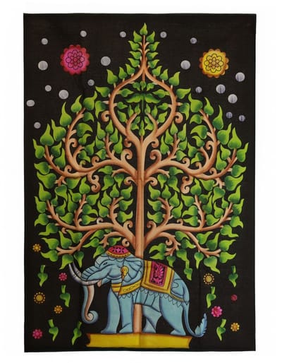 Ancient Wisdom - Wandkleed - Katoenen wanddecoratie multicolor 70x110cm - Olifant - Levensboom - Muurkunst - Interieuraccessoire - Wandversiering