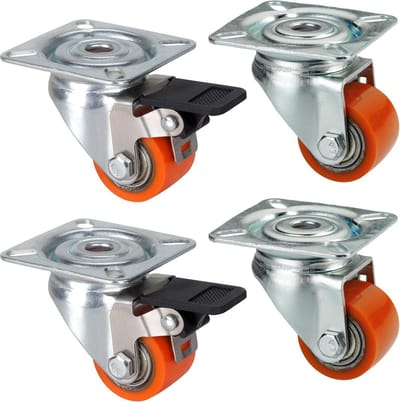 Set van 4 mini-heavy duty polyurethaan wielen - 35 mm plaat 60 x 60 mm - rolmix - draagkracht 300 kg per set