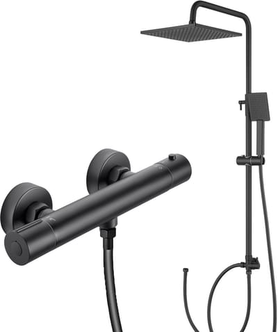 DERW Max Doucheset met thermostaatkraan - Regendouche Ø 25,4 cm - Handdouche Ø 8.5 cm - Zwart