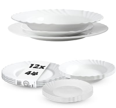 KADAX servies 12-delig, servies voor 4 personen, servies met soepbord, dessertbord en dinerbord, bordset van opaalglas, servies (wit)