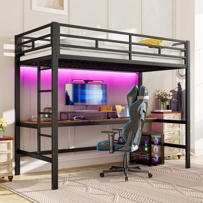 MIVRAY Hoogslaper 90x200cm Zonder Matras - Met Bureau Met Usb En Stopcontact En Led Lichtstrip - Met Trap En Valbeveiliging - Metaal - Zwart