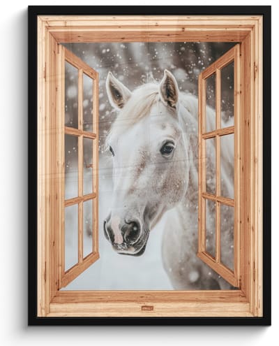 Poster in lijst - Fotolijst 50x70 cm - Posters - Doorkijk - Paard - Wit - Winter - Sneeuw - Dieren - Posterlijst zwart - Decoratie - Wanddecoratie woonkamer - Muurdecoratie slaapkamer