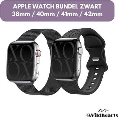 xoxo Wildhearts Bundel Zwart - 2x Luxe band geschikt voor Apple Watch bandje - Series 1/2/3/4/5/6/7/8/9/10/SE - Maat: 38 mm / 40 mm / 41 mm / 42 mm - Milanese band en Siliconen band met Luipaard Patroon - iWatch bandje - Horlogeband - Zwart