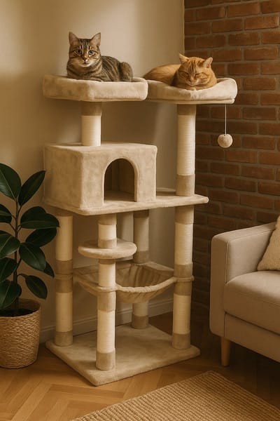 Bobbel Home - krabpaal - 143 cm - stabiele krabpaal met kattenhuis - Beige