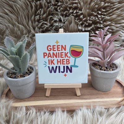 Grappig Tegeltje met standaard – Geen paniek ik heb wijn– Origineel cadeau – Keramiek 10x10 cm – incl standaard