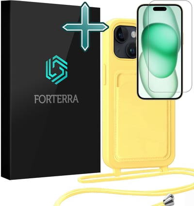 Hoesje Geschikt voor iPhone 15 Plus Pashouder Case Siliconen Hoes Met Koord Met Screenprotector - Hoes Geschikt voor iPhone 15 Plus Met Telefoonkoord Hoesje Back Cover Met Pasjeshouder - Geel
