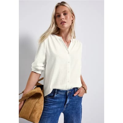Seersucker blouse met gespleten hals
