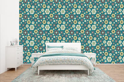 Behang - Fotobehang Retro - Bloemen - Patronen - Blauw - Breedte 400 cm x hoogte 240 cm