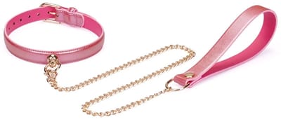 Liebe Seele - Lustre Rose - Lederen Collar met Leash - Parelmoer Roze met Gouden Hardware