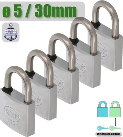 AMIG Hangslot met Sleutel Klein RVS Ø5/30mm - Standaard Beugel Buiten 5 Stuks