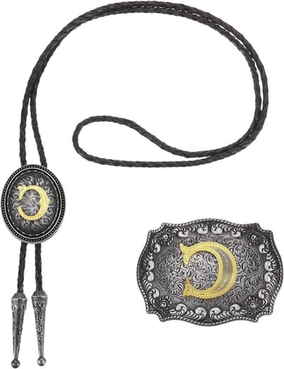 2 Stuks Western Cowboy Bolo Tie en Riem Clip Set Initial C Goud Lanyard Koeienleer Stropdas voor Mannen en Vrouwen - Vintage Kostuum Accessoires in Grijs en Zwart/Goud