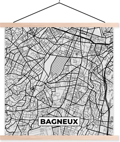 Posterhanger incl. Poster 40x40 cm - Schoolplaat - Stadskaart - Frankrijk - Kaart - Bagneux - Plattegrond - Textielposter - Blanke latten - Stadskaart