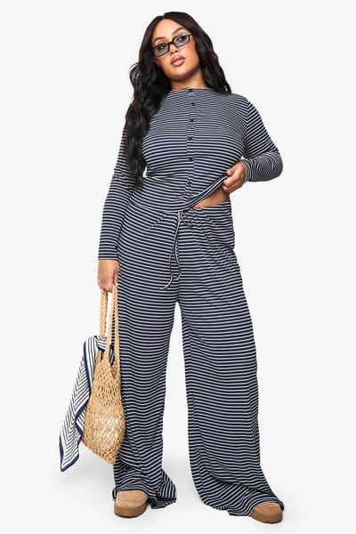 boohoo Dames Plus Broek met Enkel Trekkoord-Taille - Gestreept | Marineblauw | Maat: 50
