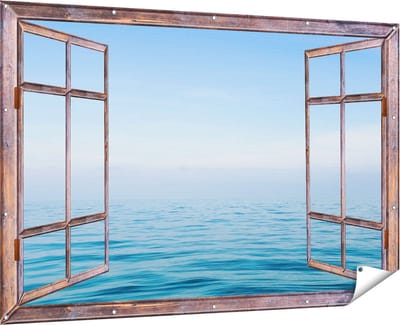Gards Tuinposter Doorkijk Zee met een Blauw Hemel Achtergrond - 180x120 cm - Tuindoek - Tuindecoratie - Wanddecoratie buiten - Tuinschilderij
