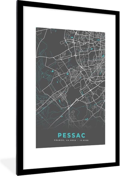 Fotolijst incl. Poster - Pessac - Frankrijk - Stadskaart - Kaart - Plattegrond - 60x90 cm - Posterlijst