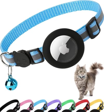 Kattenhalsband Airtag, Reflecterende Halsband voor Katten met Veiligheidssluiting, Air Tag-Beschermhoes en Belletje, Geschikt voor Katten Van Alle Groottes, 1 CM Breed en Lichtgewicht(Blauw)