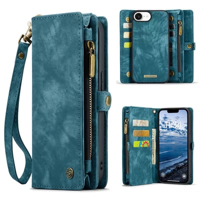 Geschikt Voor iPhone 17e / 16e Hoesje - Solidenz Wallet Case - Telefoonhoesje - Case Met Pasjeshouder - Met Ritsvak - Met Polskoord - Portemonee Hoes - Blauw