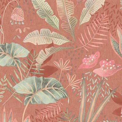Retro behang Profhome 393482-GU vliesbehang hardvinyl warmdruk in reliëf licht gestructureerd met bloemmotief mat rood zalmoranje lichtgroen roze 5,33 m2