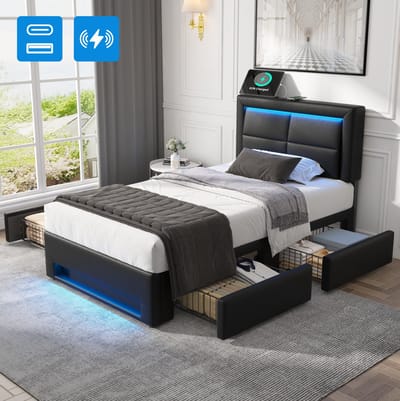 Gestoffeerd Bed 90x200 cm - Eenpersoonsbed Zonder Matras met USB Opladen en LED-Verlichting - 4 Laden en Lattenbodem - Kunstleer - Zwart