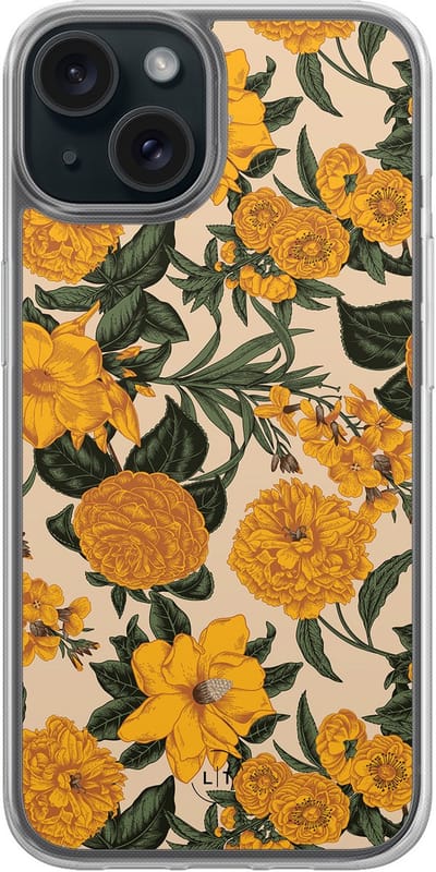 Hoesje geschikt voor iPhone 15 - Retro flowers - 2in1 backcover - Bloemen - Geel - Leuke Telefoonhoesjes