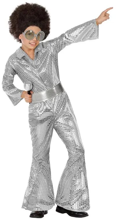 Atosa Disco Fever jumpsuit - metallic zilver - voor kinderen - 2-delig - Carnaval/70's foute party 140