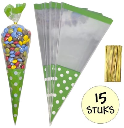 15x Cellofaan Puntzakken Groene Stippen 37x18 cm - Uitdeelzak - Traktatie Zak - Snoepzak - Inclusief Sluitstrips - 18x37 cm - Groen - 15 Stuks