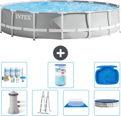 Intex Rond Prism Frame Zwembad - 457 x 107 cm - Grijs - Inclusief Pomp - Ladder - Grondzeil - Afdekzeil Onderhoudspakket - Filter - Voetenbad