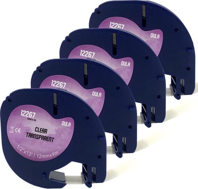 DULA - Dymo LetraTag 12267 labels - Zwart op Transparant - 12mm x 4m - 4 Stuks