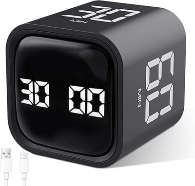 Kubusvormige visuele timer, Pomodoro-timer met draaifunctie, aftelfunctie van 5/10/25/45 minuten en gepersonaliseerde aftelfunctie, stille modus en zoemer, oplaadbare timer, geschikt voor keuken en studeerkamer,zwart