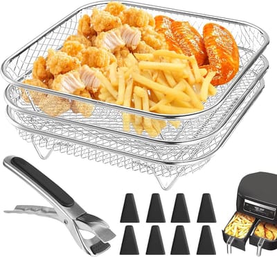Set van 3 Stapelbare Rvs Airfryer Racks met Siliconen Voetjes en Anti-verbrand Clip voor Gezond Koken