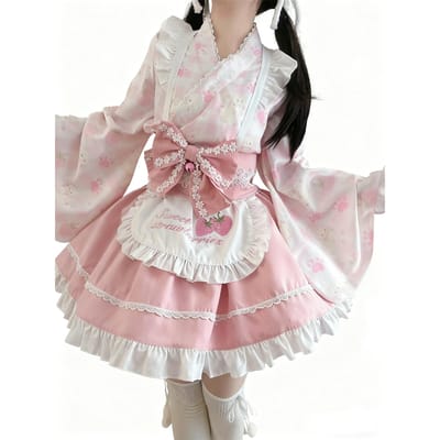 CAWILXHA Lolita Jurk, Cosplay Kostuum, Japanse Stijl, Lichtblauw en Roze, Prinsessenmouwen, Lange Mouwen, Mori Girl, Dromerig Schattig Kostuum, Halloween