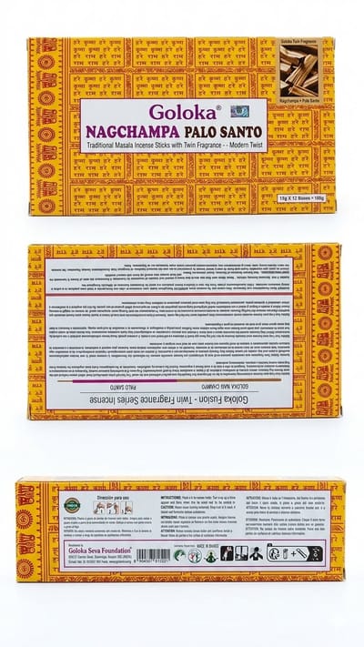 Goloka Nag Champa Palo Santo Wierook - 180g Voordeelverpakking - Authentieke Handgerolde Masala Wierookstokjes - Premium Twin Fragrance voor Meditatie & Ontspanning - 12 Doosjes - Ideaal voor een Serene Sfeer Met Kajal Sticker
