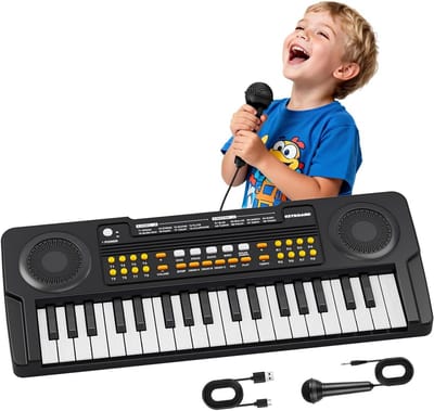 Elektronische Pianola voor Kinderen met Microfoon - Muzikaal Speelgoed vanaf 3 Jaar - Draagbaar Toetsenbord voor Jongens en Meisjes - Houten Toetsen en Dubbele Luidsprekers - Cadeau voor Beginnende Muzikanten