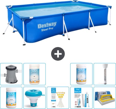 Bestway Rechthoekig Steel Pro Zwembad - 300 x 201 x 66 cm - Blauw - Inclusief Pomp - Chloor - Chloordrijver - Testrips - Reparatiesetje - Scrubborstel - PH-min - PH-plus - Thermometer - 10-delig
