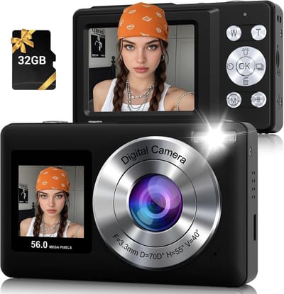 KZQ Digitale Camera - 4k - 48mp - 18x Digitale Zoom - Voor En Achter Dubbele Camera - 2 4 Inch En 1 3 Inch Dubbele Scherm - Met 32gb Sd Kaart - Draagbare Vlogcamera - Zwart
