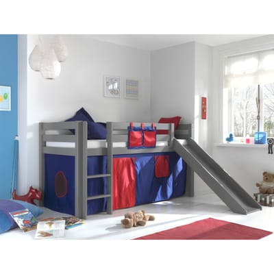 LUCEVI - Pino Halfhoogslaper H115CM + Ladder + Glijbaan + Domino Gordijntjes - Grijs - 90x200 cm
