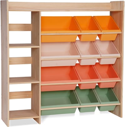WonderMind Massief Grenenhouten Opbergkast Kinderkamer – Speelgoedkast met 12 Opbergbakken & Kinderboekenkast – Speelgoedkist – Speelgoed Opbergers – Speelgoedmand – Boekenkast Kind voor Kinderboeken – Boekenkast Kinderkamer – Kinderstoel – WM-M002