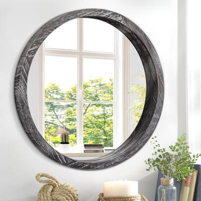 Kleine Houten Ronde Spiegel 40cm voor Wanddecoratie in Badkamer, Entree, Woonkamer en Slaapkamer, Zwart en Landelijk Design