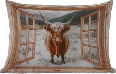 Buitenkussens - Tuin - Schotse Hooglander - Landschap - Landelijk - Bergen - Winter - Doorkijk - 50x30 cm