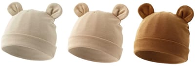3 pack Babymutsjes Newborn Beervorm Effen Beige, Bruin, Taupe/ Warmgrijs - 0-3 maanden