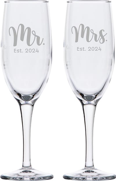 Gegraveerde set Champagneglazen 16,5cl Mr. Est. 2024 - Mrs. Est. 2024