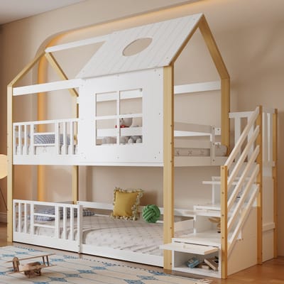 Wishdor Stapelbed Huisvorm 90 x 200 cm - Opbergtrap en Valbeveiliging - Dakconstructie met Raamdetails - FSC en EN 747 Gecertificeerd - Geschikt voor Moderne Kinderslaapkamer - Massief Grenenhout en MDF - Wit en Naturel
