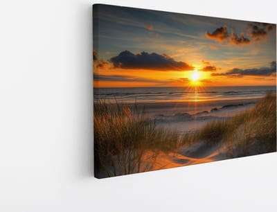Saammp Canvas Schilderij - Strand met zonsondergang - Zee - Duinen - 45x30 - Foto op canvas - Wanddecoratie - muurdecoratie Woonkamer - Slaapkamer decoratie - Canvas Print