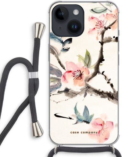 Case Company® - Hoesje met koord geschikt voor iPhone 14 hoesje met Koord - Japanse bloemen - Telefoonhoesje met Zwart Koord - Bescherming aan alle Kanten en Over de Schermrand