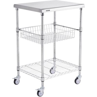 VEVOR Roestvrijstalen Keukenwagen, 3-Laags Serveerwagen met Een Capaciteit Van 213,2 Kg, Laboratoriumwagen, Opruimingswagen, Transportwagen, Opbergwagen met Verzonken Mand en 6 Haken, voor Binnen en Buiten