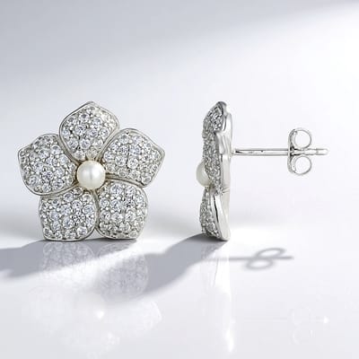 Cavill - Elegante Oorbellen - 925 Sterling Zilver Gerhodineerd - Witte Zoetwaterparels & 1,56 ct Zirkonia - Bloemvormig Design - Luxe Sieraden