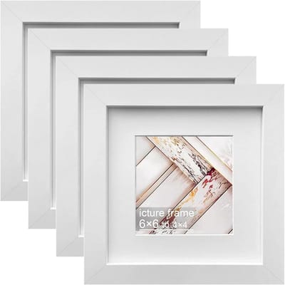 4 Set Vierkante Houten Fotolijsten 15x15 cm Wit met Passe-partout