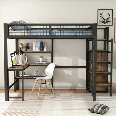VVBV Hoogslaper 140x200 cm met Bureau en Kledingkast, Metalen Bed met Opbergruimte en Planken, Zwart/Bruin