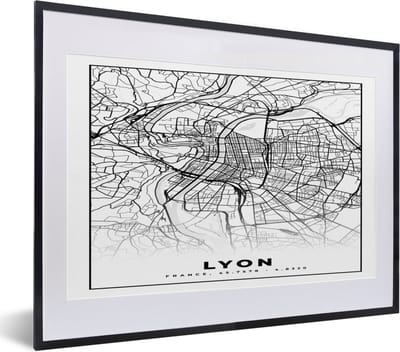 Fotolijst incl. Poster Zwart Wit- Lyon - Stadskaart - Plattegrond - Kaart - Frankrijk - Zwart wit - 40x30 cm - Posterlijst