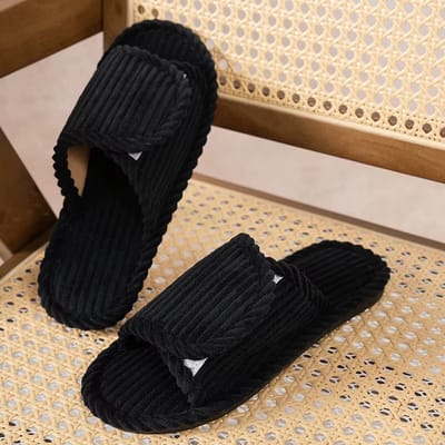 Dames Pantoffels Maat 40-41 – Comfortabele Lichtgewicht Slippers met Platte Hak, Zachte Corduroy Open Teen, Antislip Slaapkamer- en Indoor Schoenen - ZWART